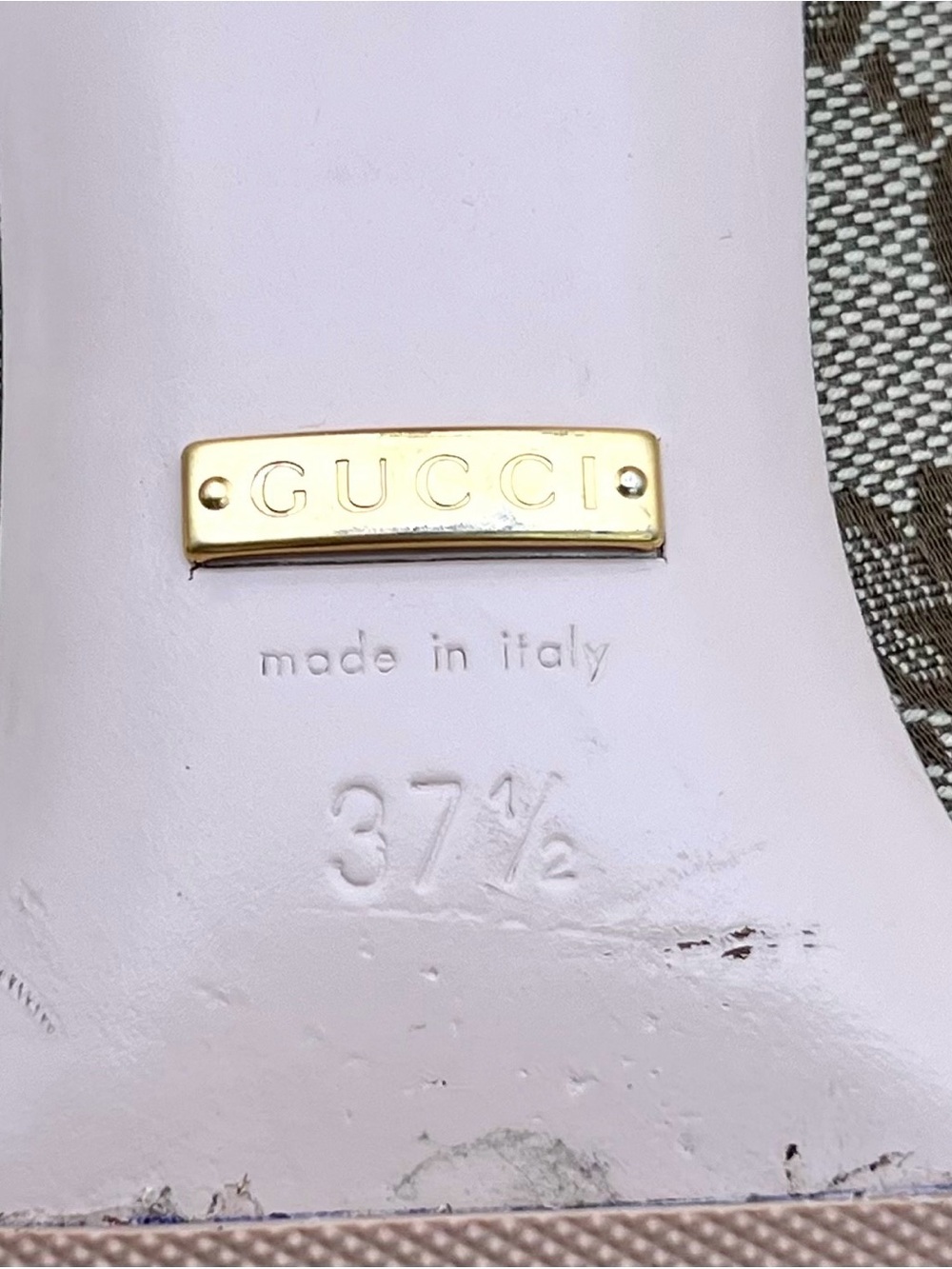Gucci Beige GG Monogram Pointed Toe Low Kitten Heel Pumps with Gold Accents - Picture 6 of 6